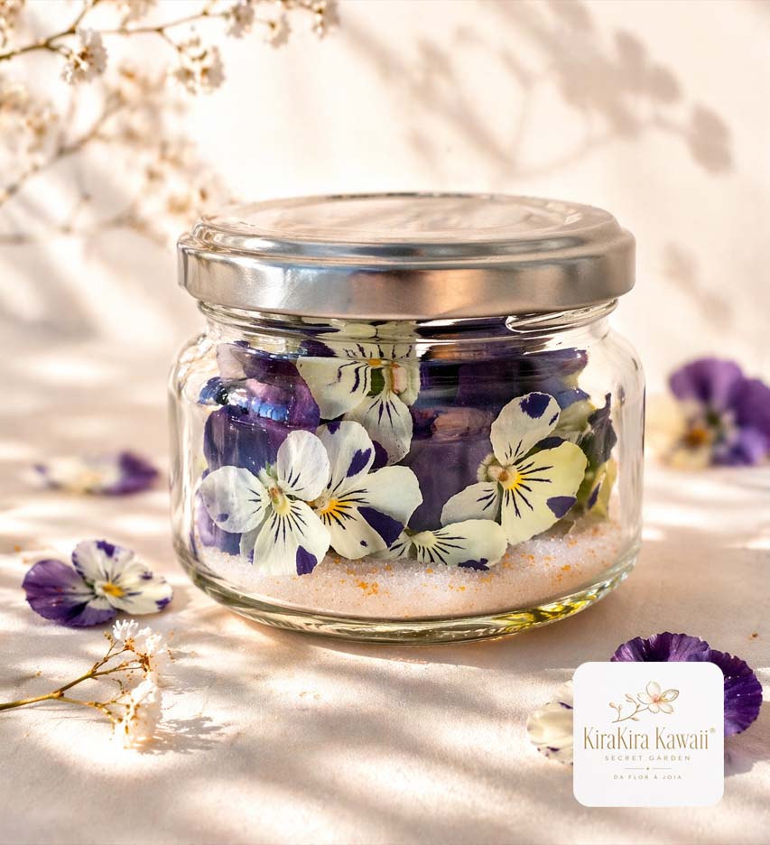 Pote de vidro com flores preservadas e logo KiraKira Kawaii Secret Garden - Técnica de desidratação