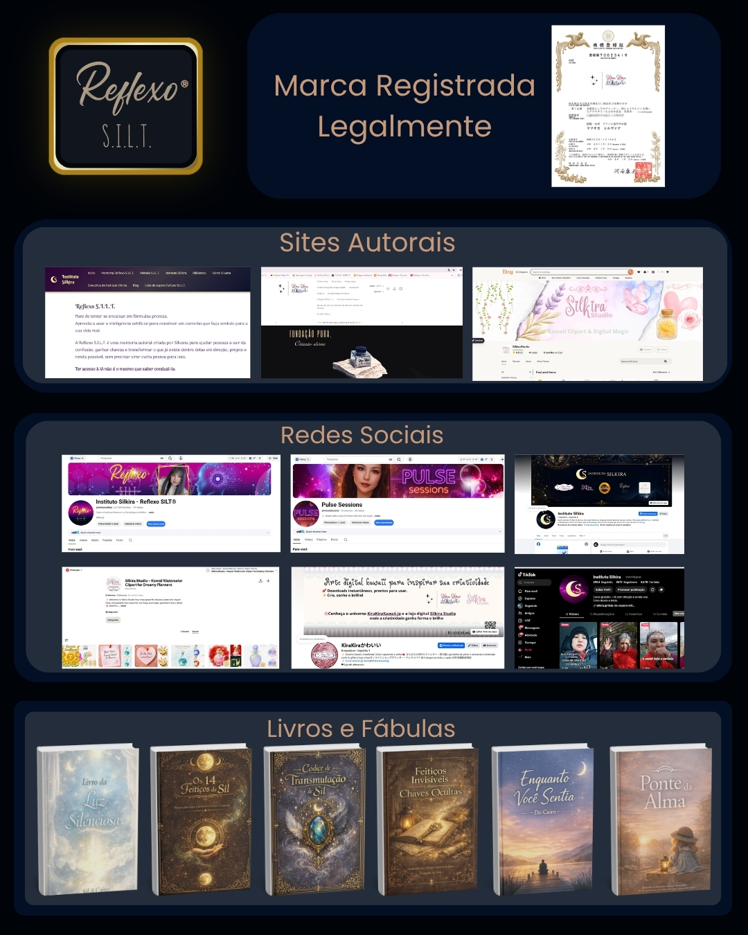 Ativos de prova do Instituto Silkira: marca registrada, sites autorais, redes sociais e livros publicados